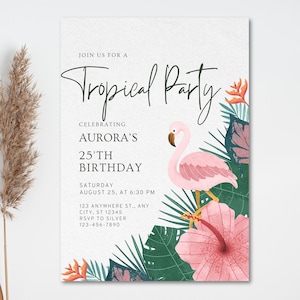Tropical Birthday Party Invitation: Flamingo Canva Template (Digital Download)