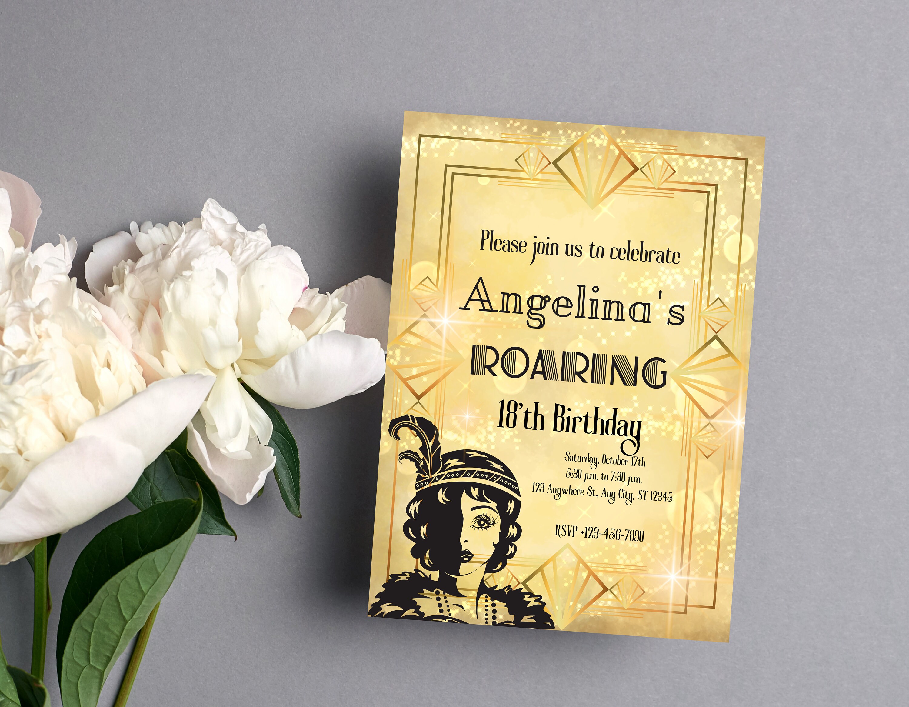 Editable Gold 1920s Birthday Invitation: Roaring Party (digital ...