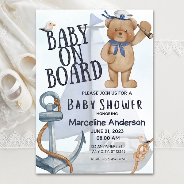 Editable Baby On Board Baby Shower Invitation, Little Sailor Baby Shower Invite, Printable Invitation, Instant Download
