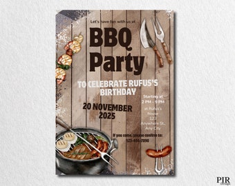 Puede incluir: Un fondo rústico de madera con una invitación a una fiesta de barbacoa. La invitación presenta el texto "BBQ Party" en letras negras en negrita, con las palabras "To Celebrate Rufus's Birthday" en letras negras más pequeñas. La fecha es "20 de noviembre de 2025" y la hora es "2 PM - 9 PM". La invitación también incluye la dirección "123 Anywhere St., Any City" y un número de teléfono para RSVP.