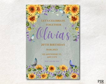 Sunflower Butterfly Birthday Invitation, Digital Invite, Editable Any Age Birthday Invitation, Canva Template