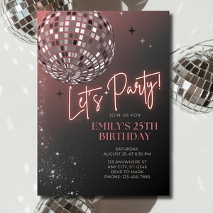 Pink Disco Birthday Party Invitation: Editable Canva Template (Digital Download)