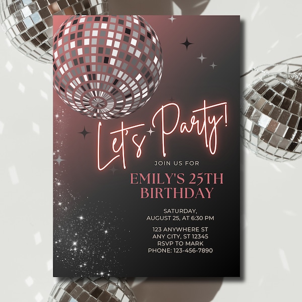 Editable Pink And Black Disco Birthday Party Invitation, Let's Party Birthday Invite, Printable Canva Template