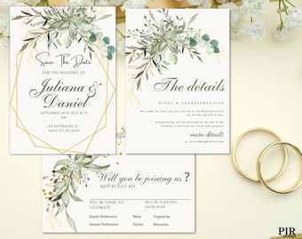 May include: Save the date wedding invitation with green and gold floral design. The invitation includes the names Juliana and Daniel, the date September 24th, 2023, and the time 9 AM. The invitation also includes the address 123 Anywhere St., Anycity, ST 12345.