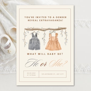 Neutral Gender Reveal Invitation, Editable Beige Invitation Template, Boy Or Girl Invite, He Or She Invitation