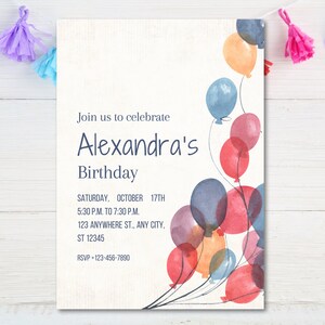 Balloon Birthday Invitation: Kids Party Template (Digital Download)