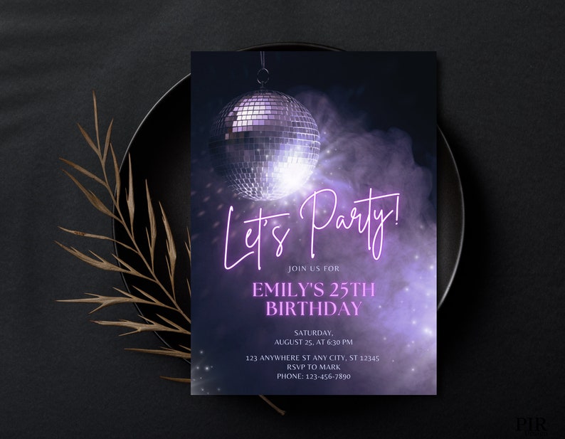 Editable Purple and Black Disco Birthday Party Invitation, Let's Party