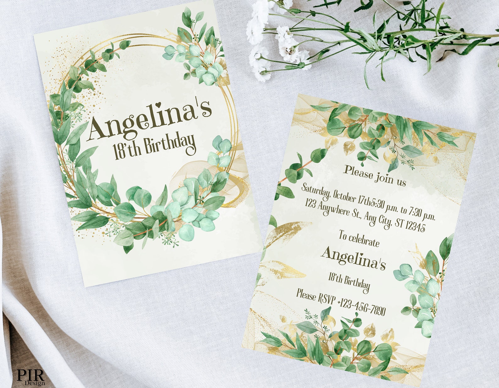 Two Side Green Gold Foliage Birthday Invitation, Green Leaves