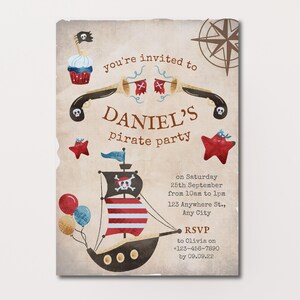 Editable Pirate Birthday Party, Children Birthday Invitation Template, Pirate Party Birthday Invitation Canva Template