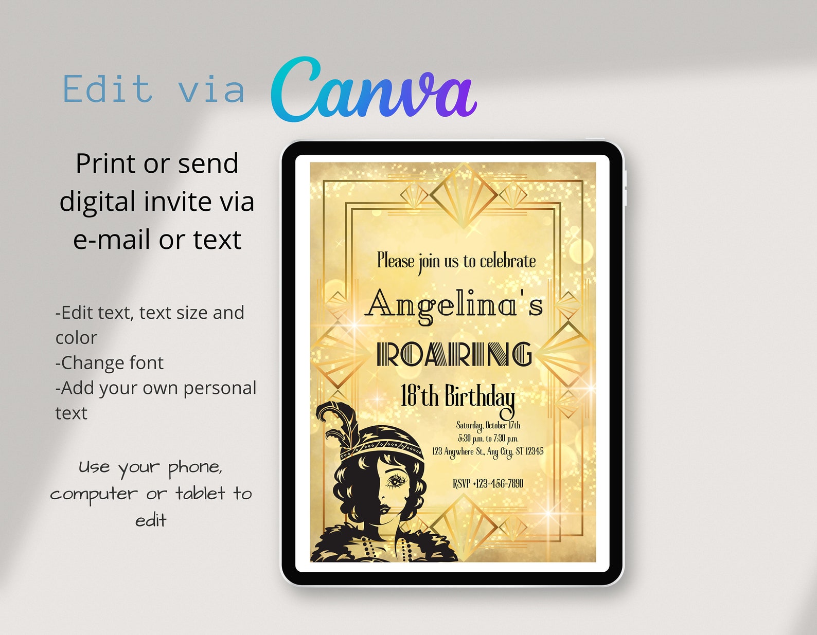 Editable Gold 1920s Birthday Invitation: Roaring Party (digital ...