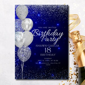 Könnte beinhalten: Blaue und silberne Geburtstagseinladung mit silbernen Ballons und Glitzer. Die Einladung lautet: "Sie sind eingeladen zur Geburtstagsparty Shawn Garcia 18. Geburtstag Sonntag, 12. Dezember 2024, um 16:30 Uhr 123 Anywhere St., Any City, ST 12345"