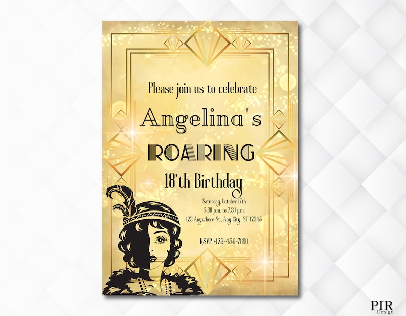 Editable Gold 1920s Birthday Invitation: Roaring Party (digital ...