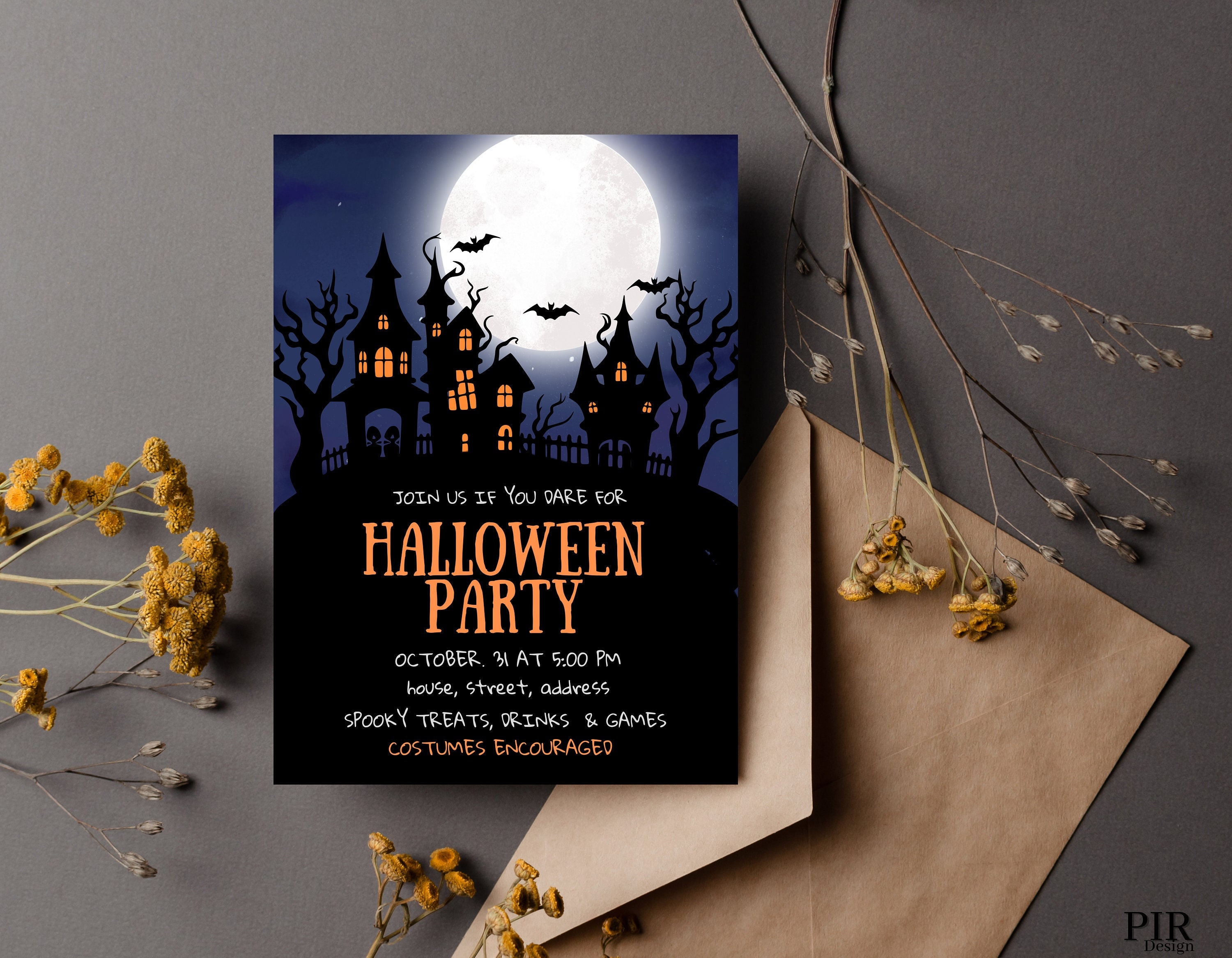 Full Moon Halloween Party Invitation, Halloween Costume Party, Editable ...