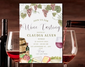 Puede incluir: Invitación a una cata de vinos organizada por Claudia Alves el domingo 21 de agosto de 2024, de 7:00 a 9:00 de la mañana en 123 Anywhere St., Any City. La invitación presenta una ilustración de acuarela de uvas, copas de vino, un barril y queso.