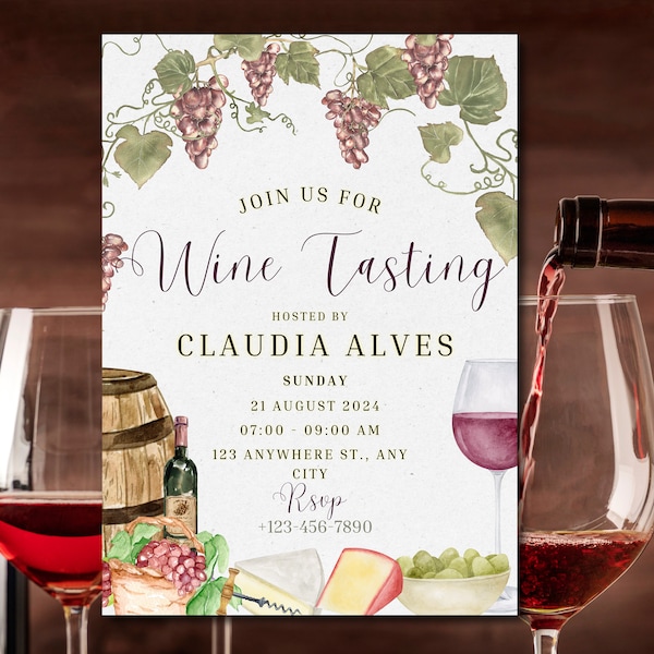 Wine Tasting Invitation, Vineyard Event, Birthday Party, Editable Printable Wine Tasting Party Invitation, Canva Template