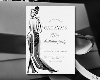 Invitación de cumpleaños en blanco y negro: Plantilla de Canva (digital)