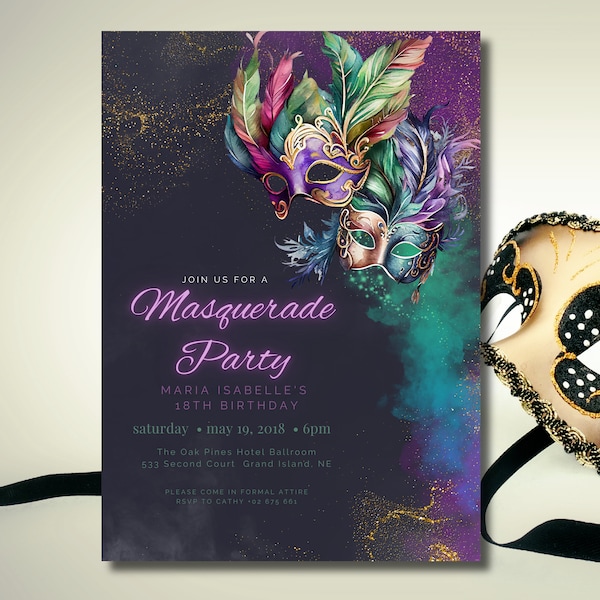 Editable Masquerade Birthday Party Invitation, Luxury Birthday Invite, Printable Canva Template