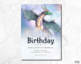 May include: A birthday party invitation featuring a watercolor dragon with green head, purple body, and blue wings. The invitation includes the text "Please join us for a Birthday Party" and event details.