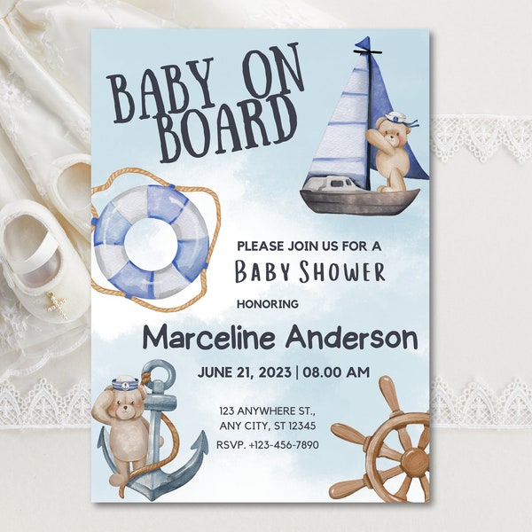 Editable Baby On Board Baby Shower Invitation, Little Sailor Baby Shower Invite, Printable Invitation, Instant Download