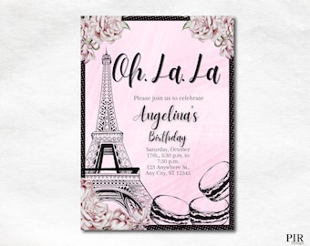 May include: A pink and black birthday invitation featuring a black and white illustration of the Eiffel Tower. The invitation reads "Oh La La" and "Please join us to celebrate Angelina's Birthday". The date and time of the party are given as "Saturday, October 17th, 5:30 p.m. to 7:30 p.m.". The address is "123 Anywhere St., Any City, ST 12345".