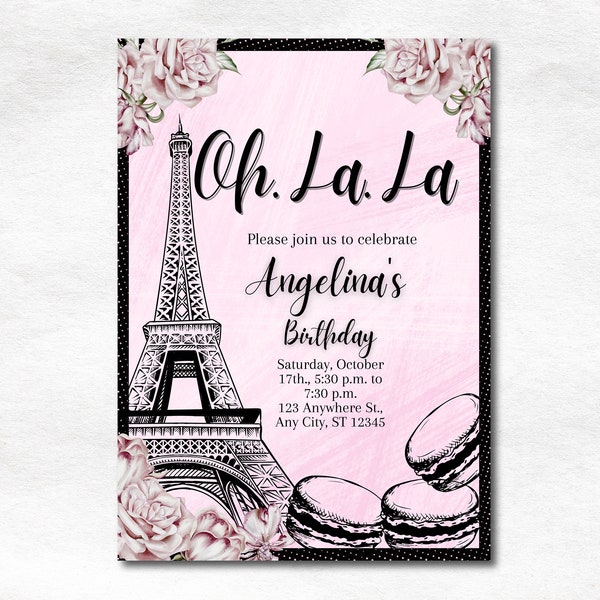 Bearbeitbare Geburtstagsfeiereinladung für Paris, rosa Oh La La-Geburtstag einladen, druckbare Canva-Vorlage
