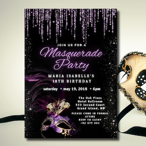 Editable Masquerade Birthday Party Invitation, Purple and Black Luxury Birthday Invite, Printable Canva Template