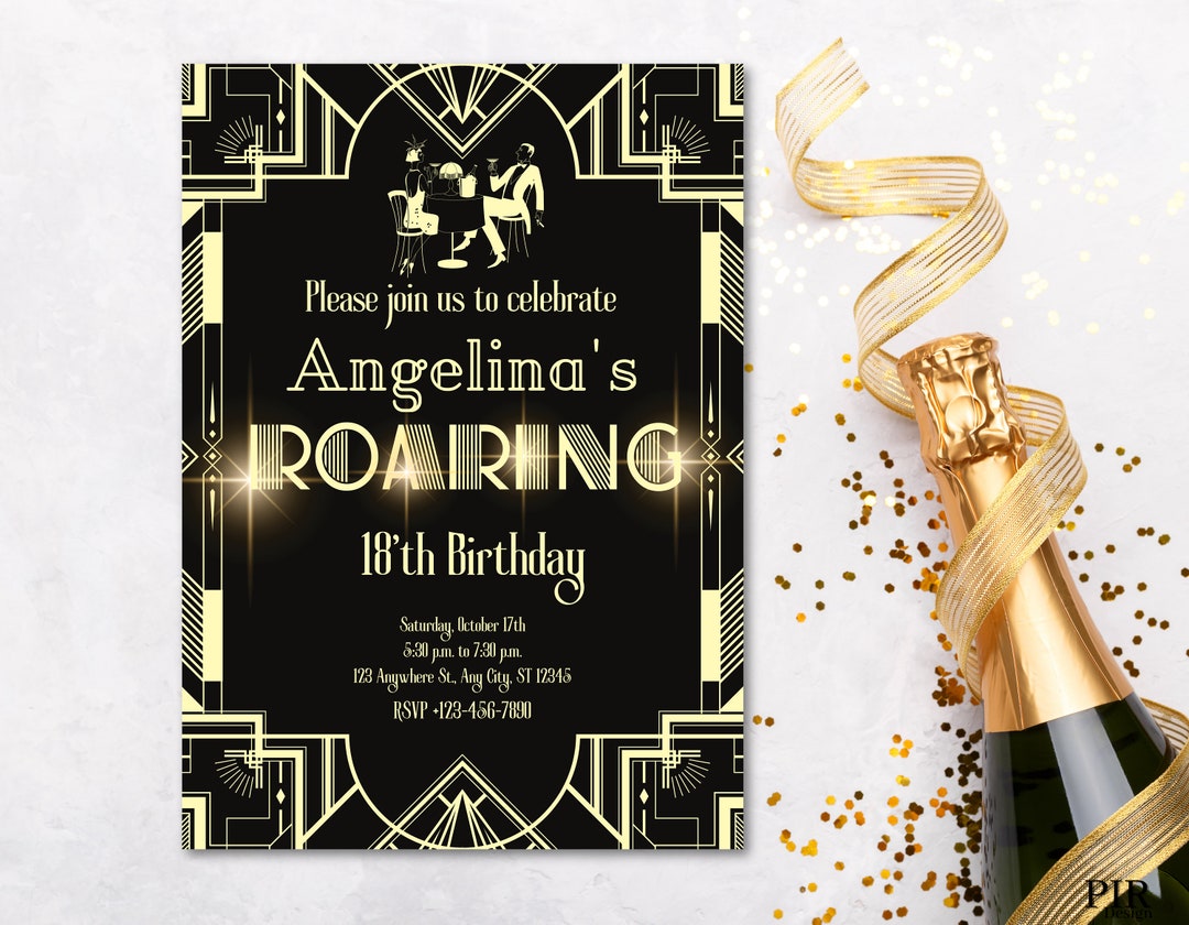 Editable 1920s Birthday Invitation: Black and Gold, Roaring Twenties ...