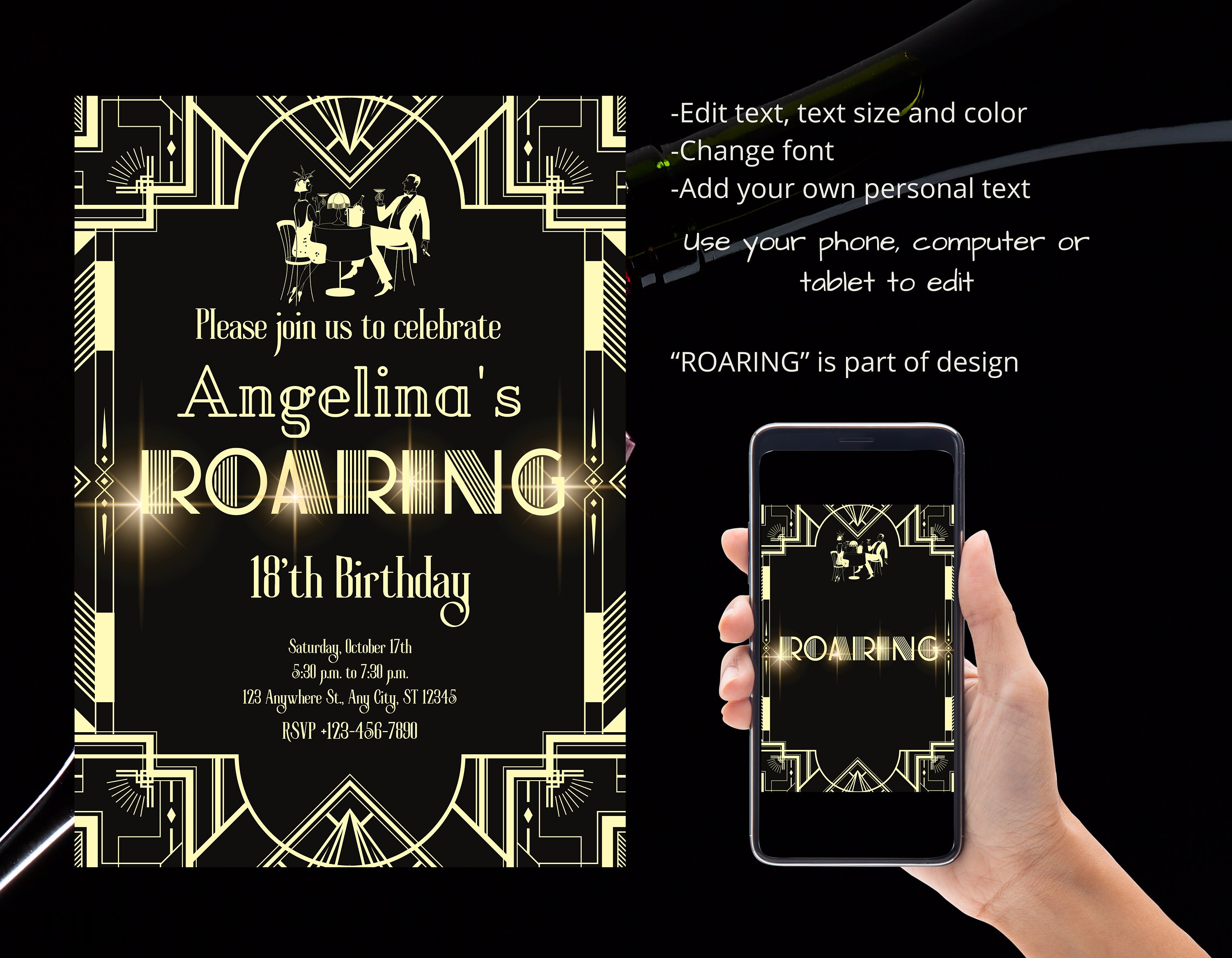 Editable 1920s Birthday Invitation: Black and Gold, Roaring Twenties ...