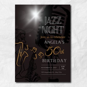 Jazz Night Invitation, Saxophone Birthday Invite, Any Age Party, Saxophone Party Invitations, Jazz Music Night Birthday Party Invitation