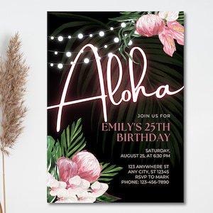 Bearbeitbare schwarze und rosa Geburtstagsfeiereinladung, Let&#39;s Party Birthday Invite, druckbare Canva-Vorlage