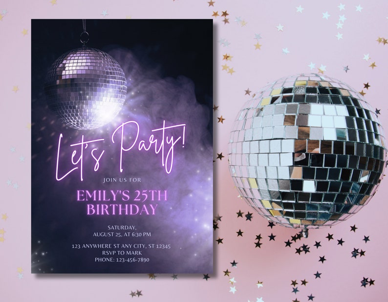 Editable Purple and Black Disco Birthday Party Invitation, Let's Party