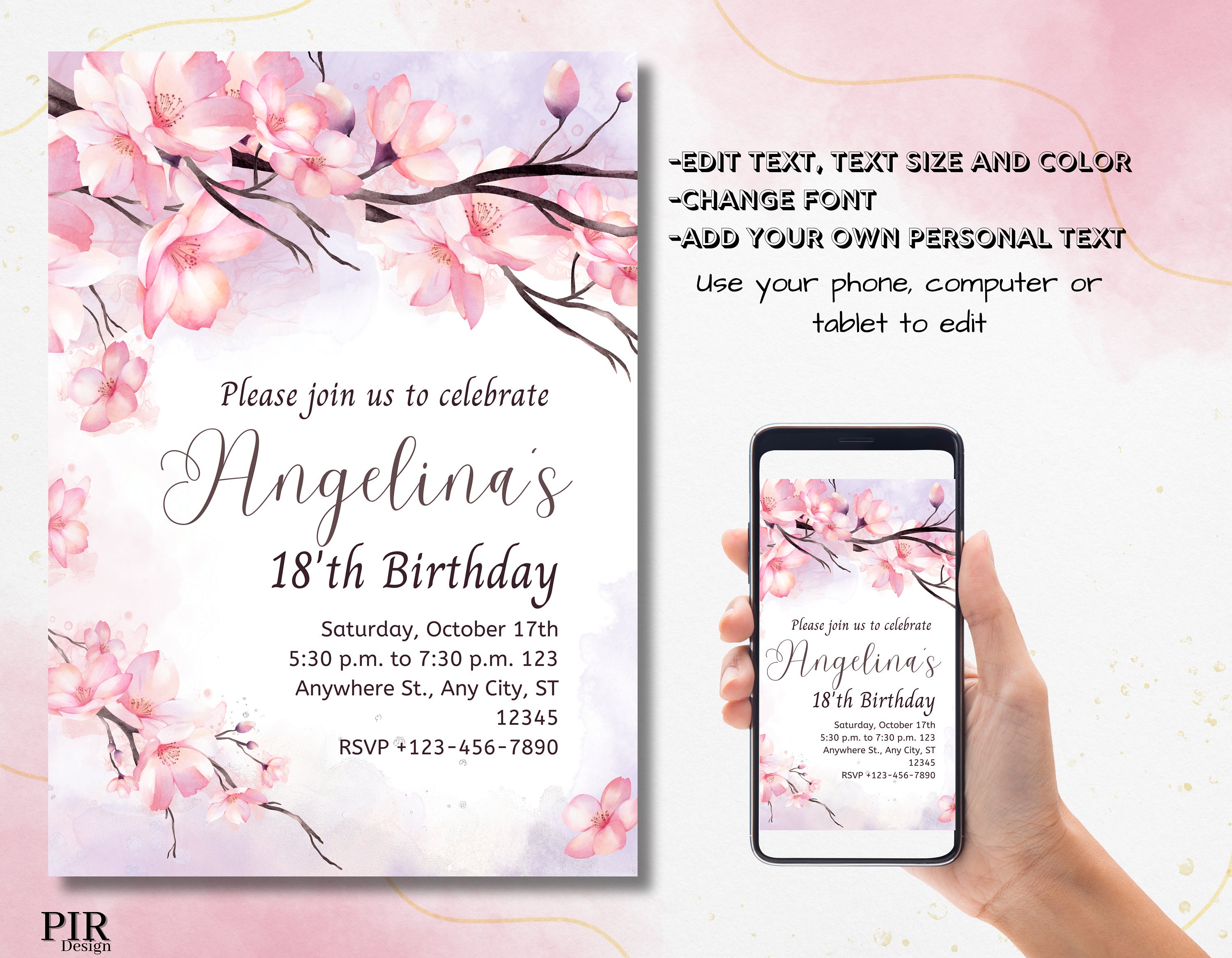 Cherry Blossom Birthday Invitation, Digital Invite, Editable Spring ...