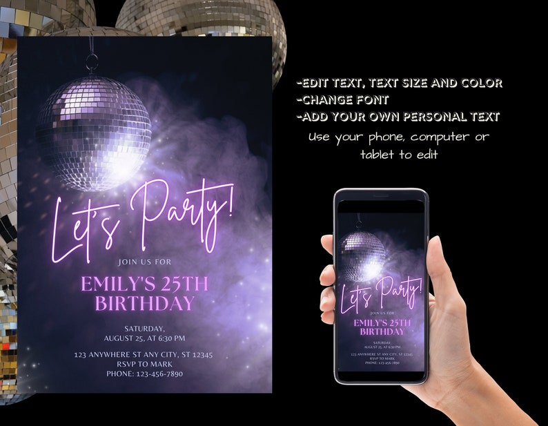 Editable Purple and Black Disco Birthday Party Invitation, Let's Party