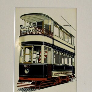 Farbdruck der in Birmingham England eingesetzten Doppeldecker-Straßenbahn