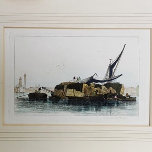 Vintage English print Created in 1828 Hay Barges