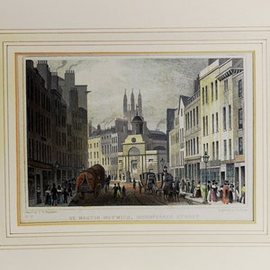 May include: A vintage hand-colored print depicting a street scene in London, England. The print shows a bustling street with buildings on both sides, a church in the center, and people and horse-drawn carriages passing by. The text at the bottom reads "St. Martin Outwich,  Bishopsgate Street."