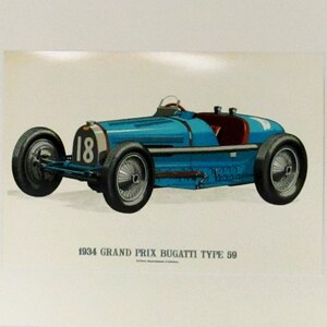 Color print of 1934 Bugatti Grand Prix racing car, mounted in a 14&quot; x 11&quot; mat. Suitable for framing in a standard 14&quot; x 11&quot; standard frame.