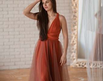 Rust infinity dress, rust bridesmaid dress tulle, rust convertible dress, rust multiway dress, rust multiway dress, rust wedding, maxi dress