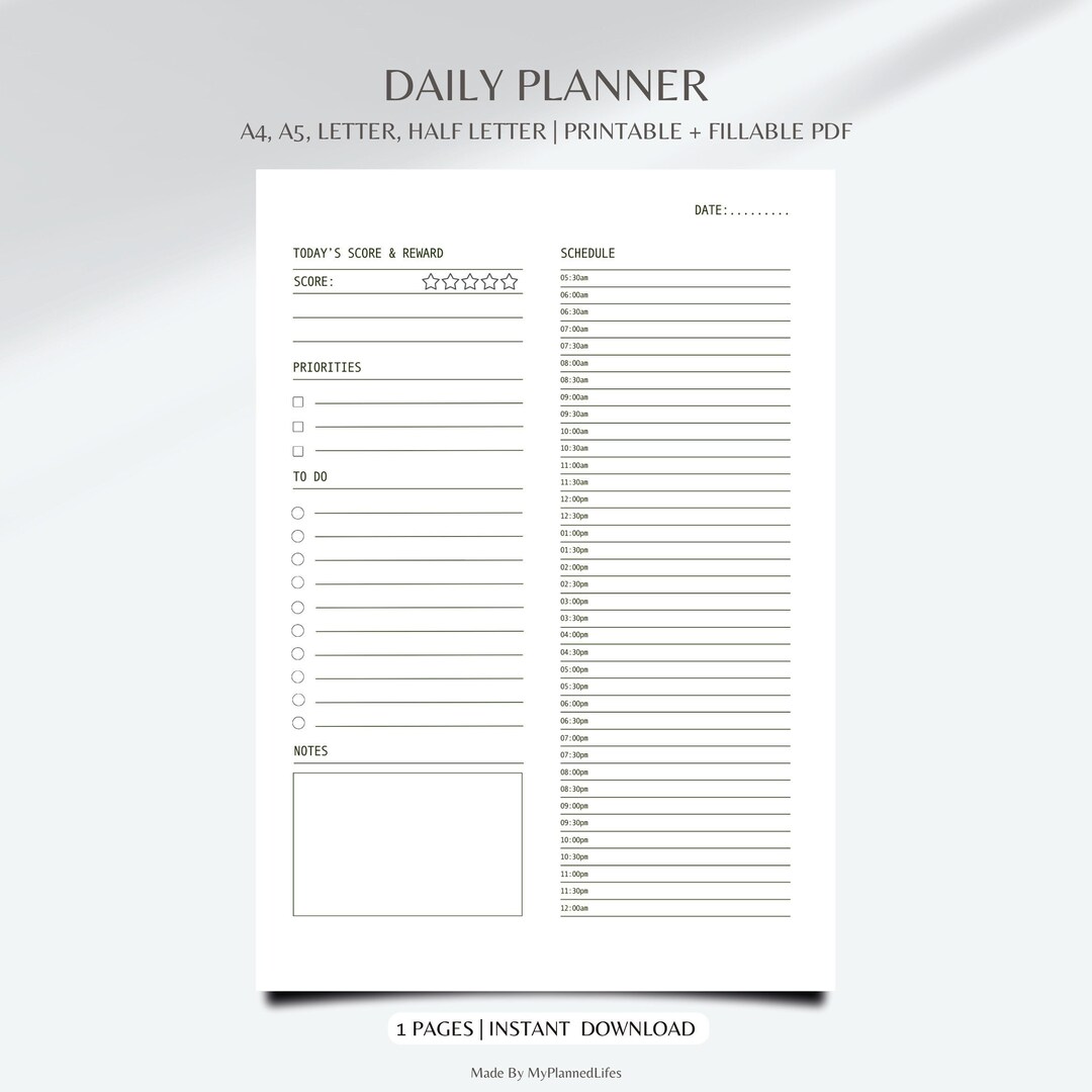 Daily Planner Printable, 24 Hour Planner, Daily Goal Planner, 30 Minute ...