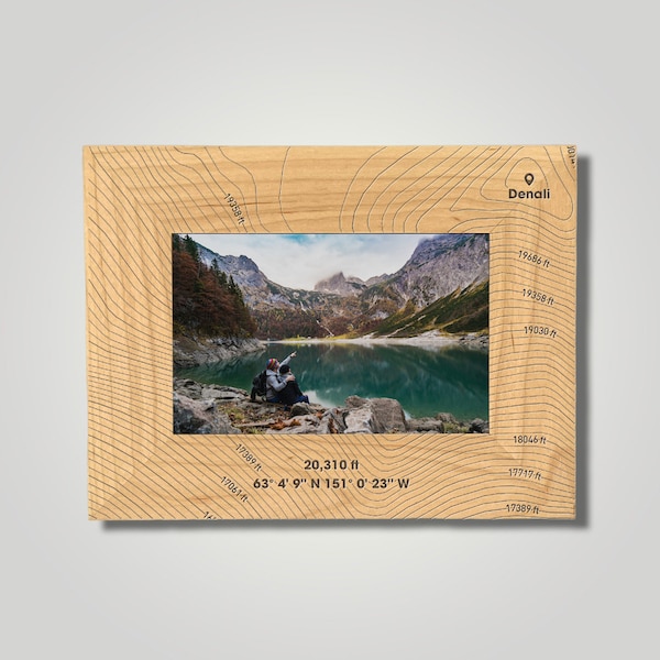 Denali Topographic Maple Photo Frame: Personalized Mountain Art