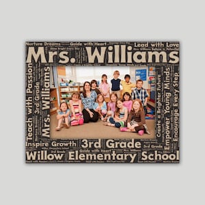 May include: A classroom photo of a teacher and students with a word cloud border. The word cloud includes phrases like "Nurture Dreams", "Guide with Heart", "Lead with Love", "Empower Young Minds", and "Create a Brighter Future". The teacher is standing in the front row with the students sitting in rows behind her. The classroom is decorated with colorful posters and artwork.