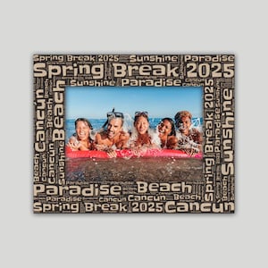 May include: A group of friends having fun in the ocean during spring break. The image is surrounded by a word cloud with the words "Spring Break 2025", "Cancun", "Paradise", and "Sunshine".