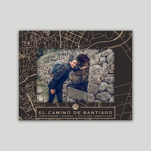 May include: A woman in a black jacket and pants is standing in front of a stone archway. She is looking at a stone fountain. The image is framed with a map of the Camino de Santiago pilgrimage route. The text below the image reads "El Camino de Santiago, Camino Frances, 500 miles, July 24, 2024 - August 31, 2024".