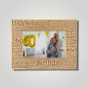 May include: A wood-toned photo collage with a couple in the center. The collage is decorated with a gold balloon that says "60" and the words "Happy Sixtieth Birthday" in brown text.