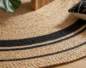 Handgeflochtener runder Jute-Teppich, Naturfaser-Teppich, schwarzer Rand, Wohnaccessoire