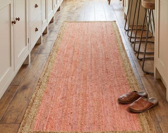 Pink Hand-Braided Jute Rug, Boho Decor, Natural Fiber Living Room Carpet, Hallway Kitchen Rug