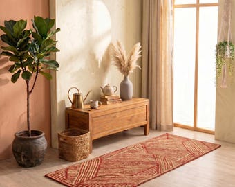 Rode jute loper, geometrisch gevlochten keukentapijt, boho boerderijstijl vloerkleed voor de entree