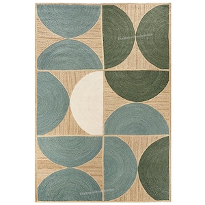 Geometric Half Circle Jute Rug, Abstract Mid Century Modern Area Rug, Mustard Yellow and Cream Natural Fiber Carpet, Boho Living Room Decor