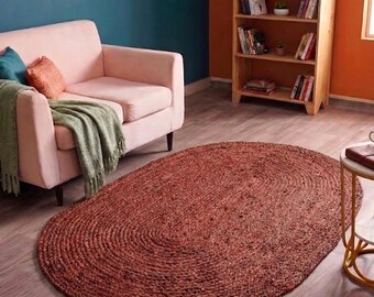 Handgeflochtener, ovaler Jute-Teppich in Braun, natürlicher Boho-Stil, Wohnzimmerdekoration