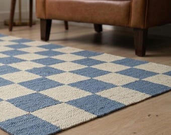Alfombra de yute de cáñamo natural hecha a mano con línea de cuadros